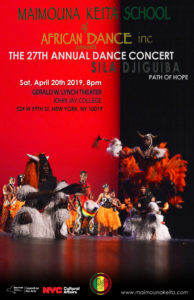 A poster of Maimouna Keita School of African Dance inc's 27th Annual Dance Concert with images of performers performing and information regarding the concert